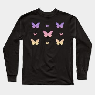 Pink Purple Yellow Ombre Faux Glitter Butterflies Long Sleeve T-Shirt